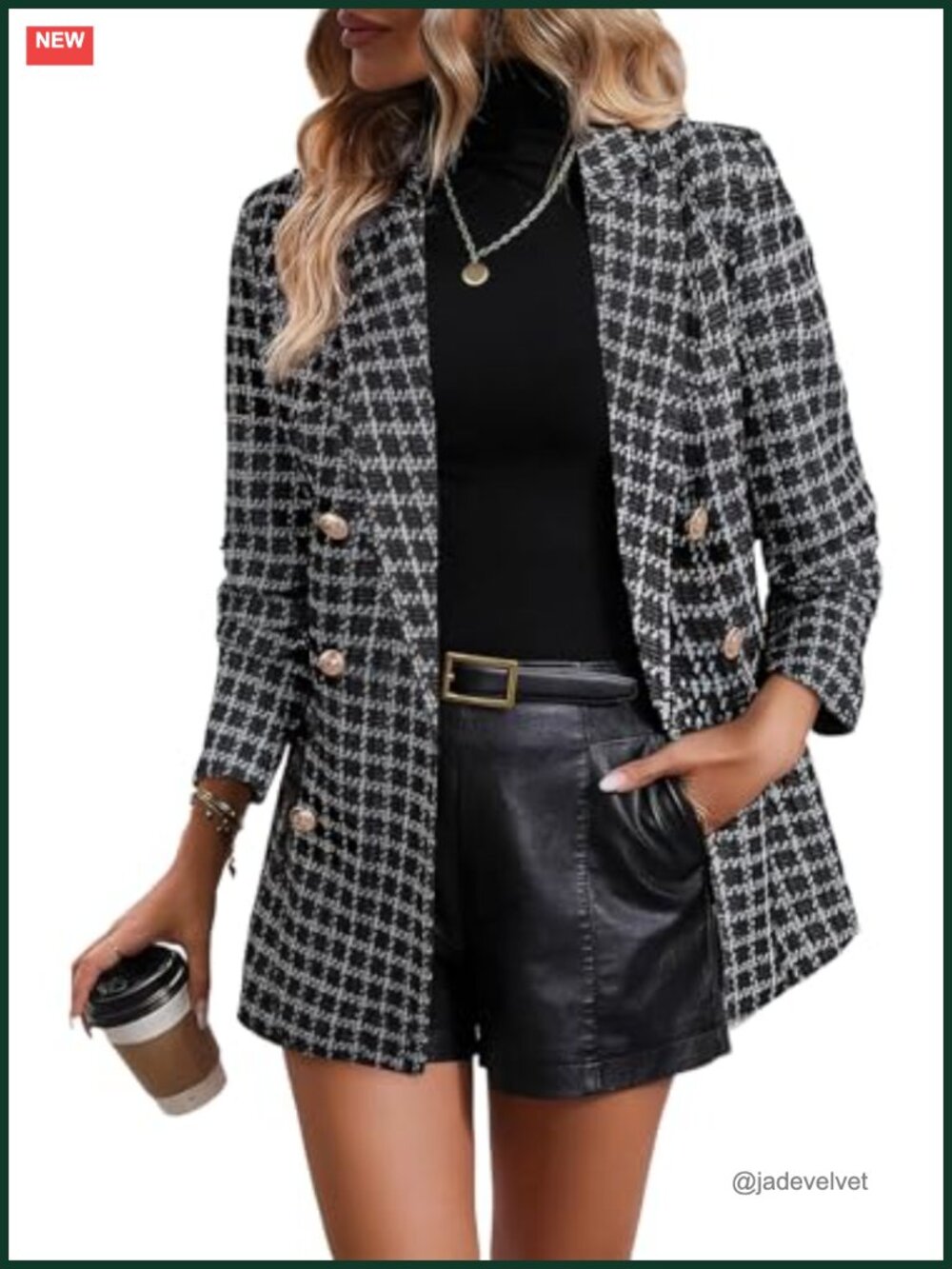 Women's Plaid Tweed Double Breasted Long Sleeve Blazer